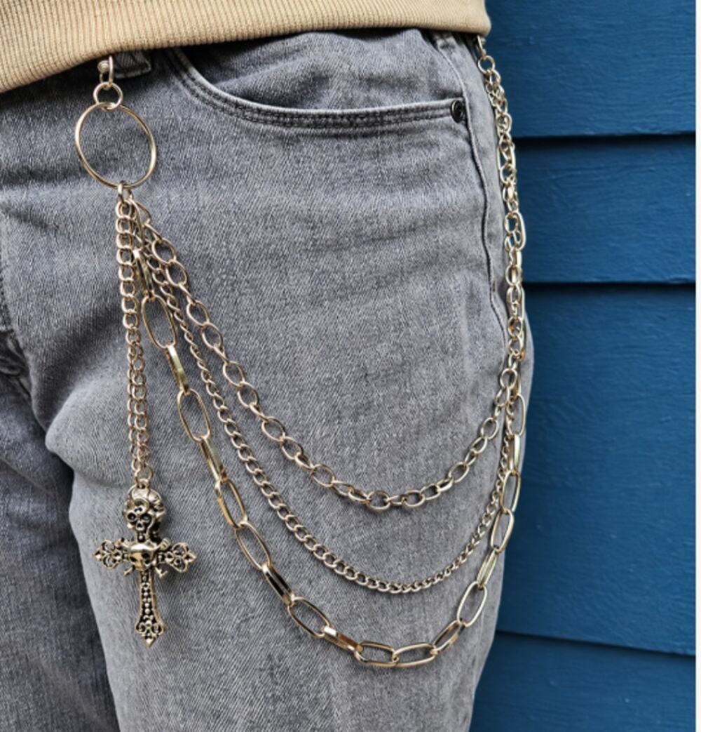 Punk Style Hip Chain or Biker Chain Silver Tone Multi Strand W/ Skull & Cross